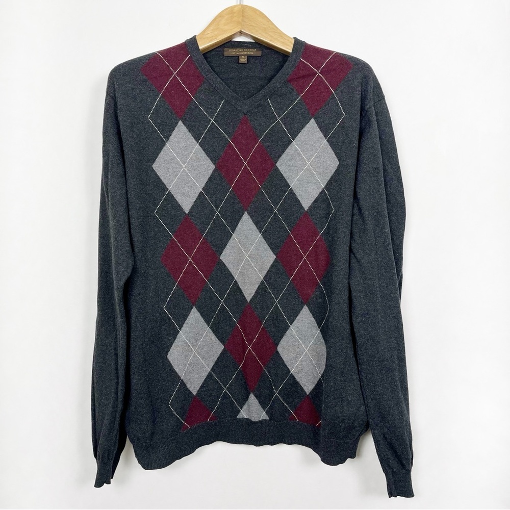 Sebastian Cooper Men’s Charcoal‎ Cotton Cashmere Argyle V-Neck Sweater Size XL